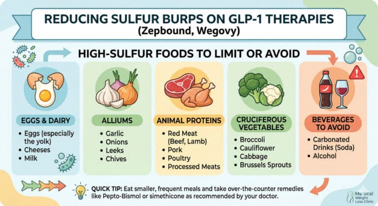Prevent Sulpher Burps | Clinical Nutrition Center A list of sulfur-rich foods to avoid on Zepbound and GLP-1 medications to prevent sulfur burps, including eggs, broccoli, and red meat.