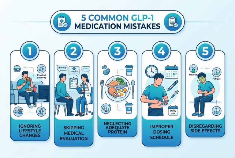 glp1-mistakes | Clinical Nutrition Center Infographic titled '5 Common GLP-1 Medication Mistakes' with five panels: 1) ignoring lifestyle changes, 2) skipping medical evaluation, 3) neglecting adequate protein, 4) improper dosing schedule, 5) disregarding side effects.