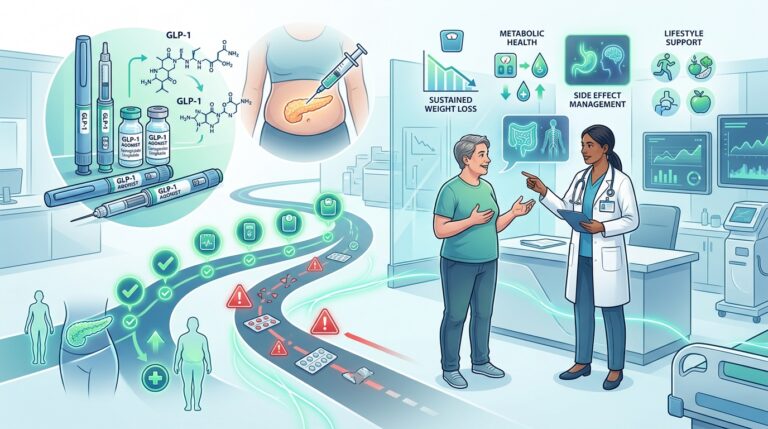 glp1-research-image | Clinical Nutrition Center GLP-1 injections, patient consult, and doctor discussing weight-loss treatment with metabolic health visuals in a clinic.