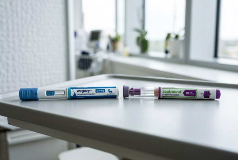 Two injectable GLP-1 medication pens side by side: blue Wegovy pen and purple Zepbound pen on a clean clinical surface, representing the medication comparison for weight loss treatment