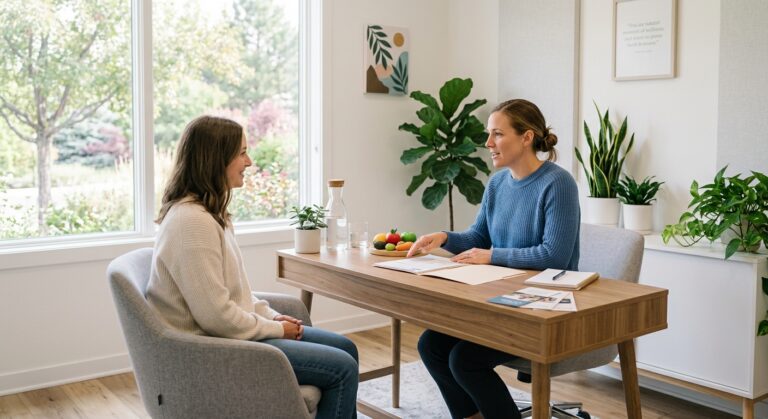 image | Clinical Nutrition Center A dietitian meeting with a patient in a bright, modern clinic consultation room in Greenwood Village, Colorado