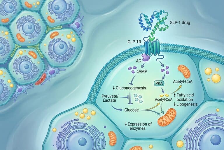 image | Clinical Nutrition Center A liver cell and medication molecule illustration representing how GLP-1 drugs work directly on liver cells independent of weight loss