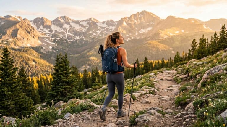 Hiker with blue backpack and trekking poles on a rocky alpine trail, snow-capped mountains in the background at sunset