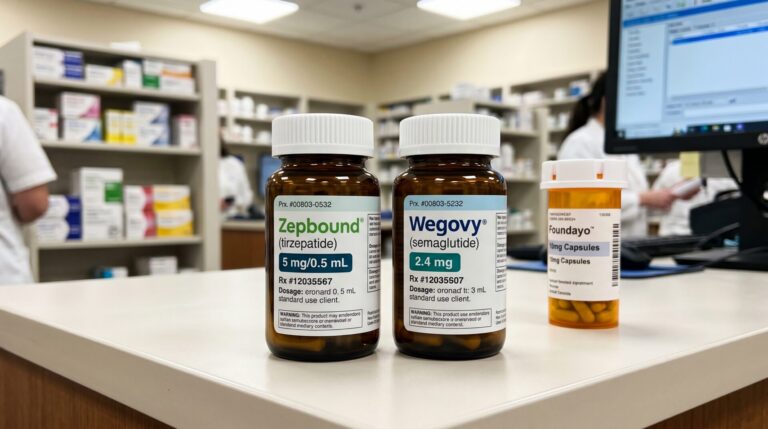 Two brown prescription bottles with white caps sit on a pharmacy counter, labeled Zepbound and Wegovy, with a third orange bottle nearby in the background.