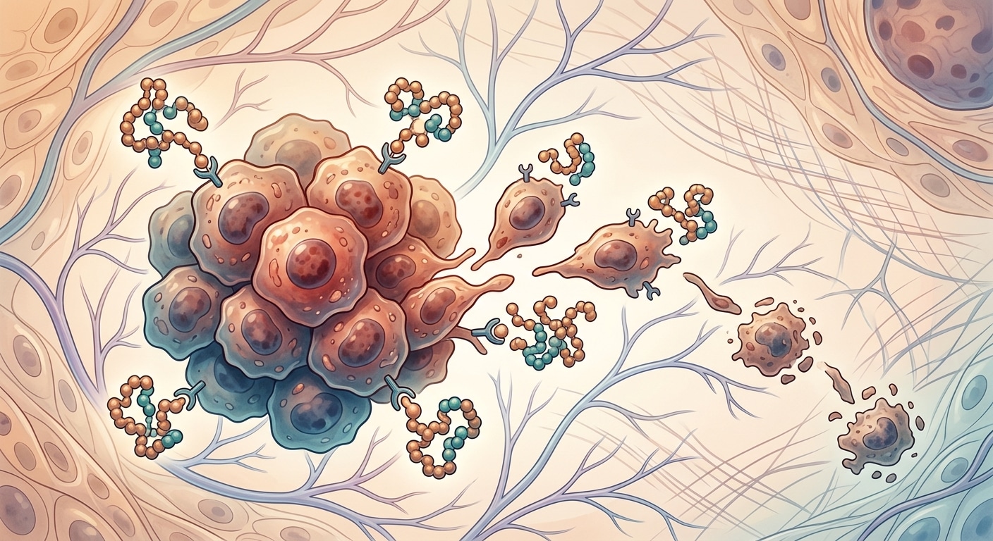 image | Clinical Nutrition Center Illustration of a tumor cell cluster releasing exosomes that travel to nearby cells in a neural tissue background.