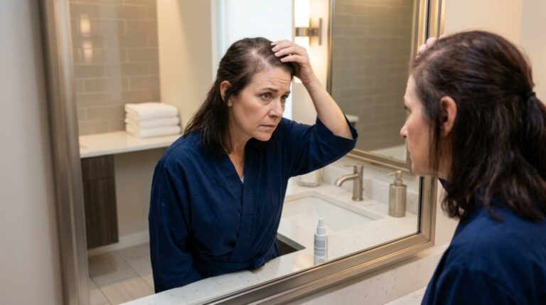 Woman in a blue robe examines her hair in the bathroom mirror, hand on her scalp with a worried expression.