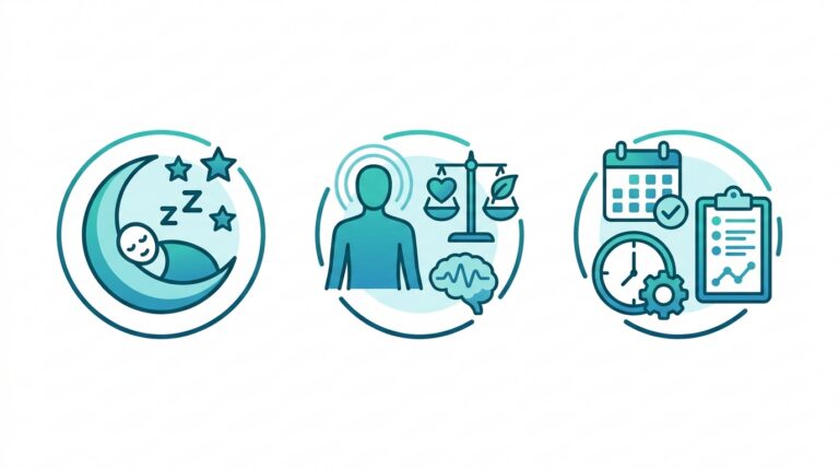 the-3-ss-weight-loss-success | Clinical Nutrition Center Three circular icons: a sleeping baby in a crescent moon with Zs, a figure with scales and a brain representing mental health, and calendar/clock/clipboard denoting time management and organization.