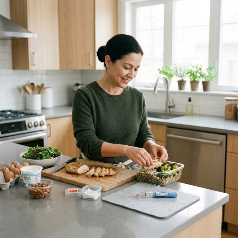 featured-image | Clinical Nutrition Center Woman in a green sweater slices bread and prepares a meal at a bright kitchen counter with a bowl of greens nearby.