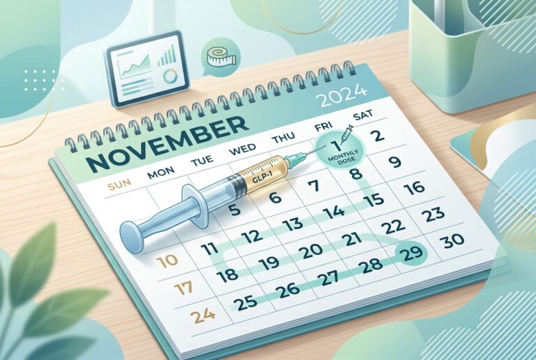Calendar page open to November 2024 with a syringe resting across the dates and a circular 'monthly dose' badge near the 1st.