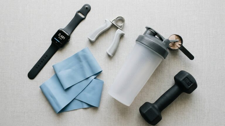 Flat lay of workout gear: smartwatch, hand grip, protein shaker, blue resistance bands, dumbbell, and powder scoop with powder on a light surface.