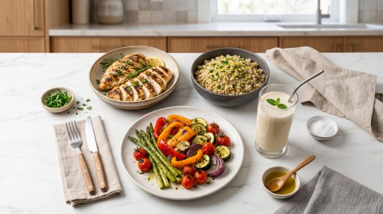 Protein on GLP-1s - Feature Image | Clinical Nutrition Center High-protein meal with grilled chicken, quinoa, and protein shake for muscle preservation during GLP-1 therapy