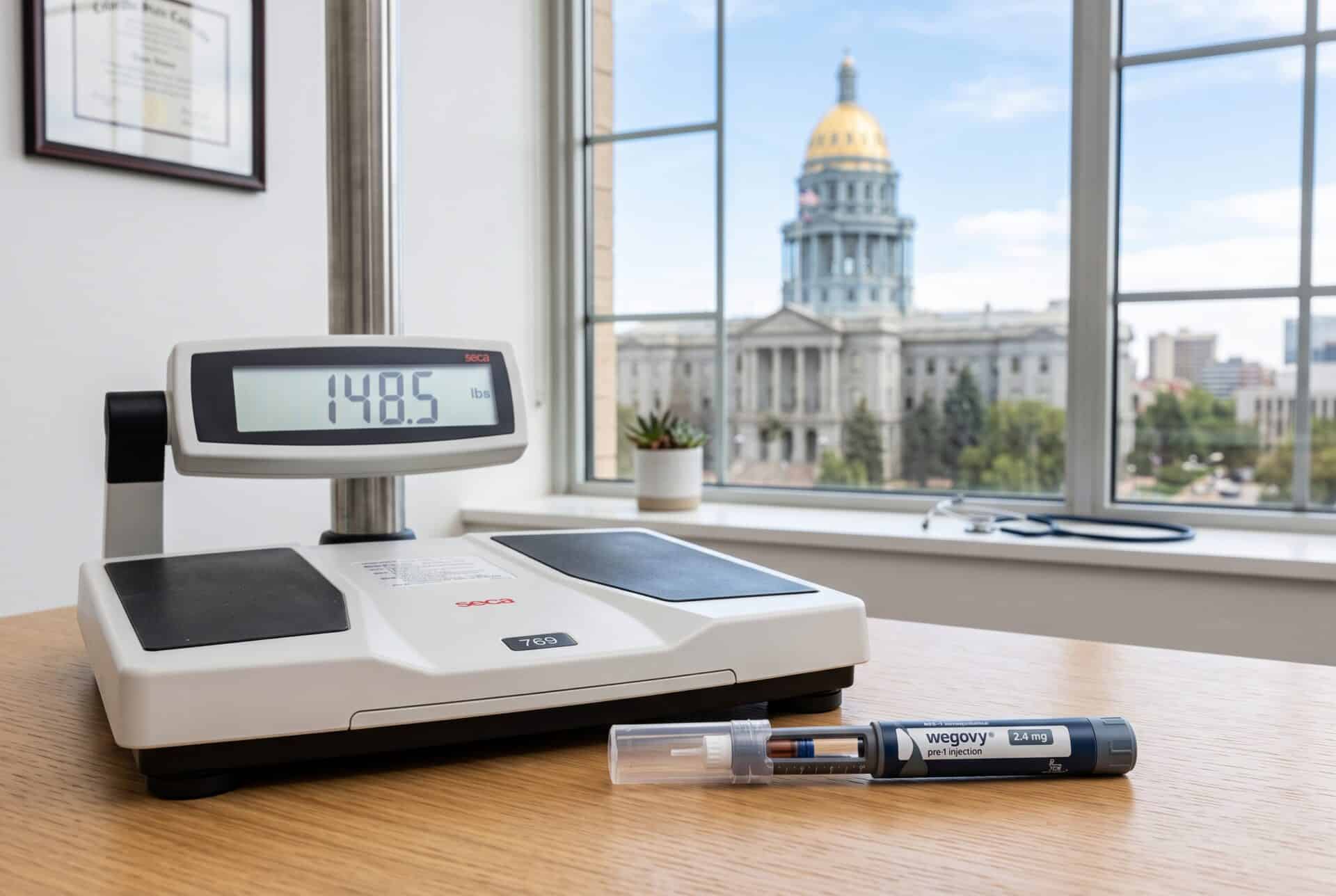 featured-image | Clinical Nutrition Center A medical scale and GLP-1 injection pen with the Colorado state capitol in the background, representing healthcare policy and weight-loss treatment access in Colorado.