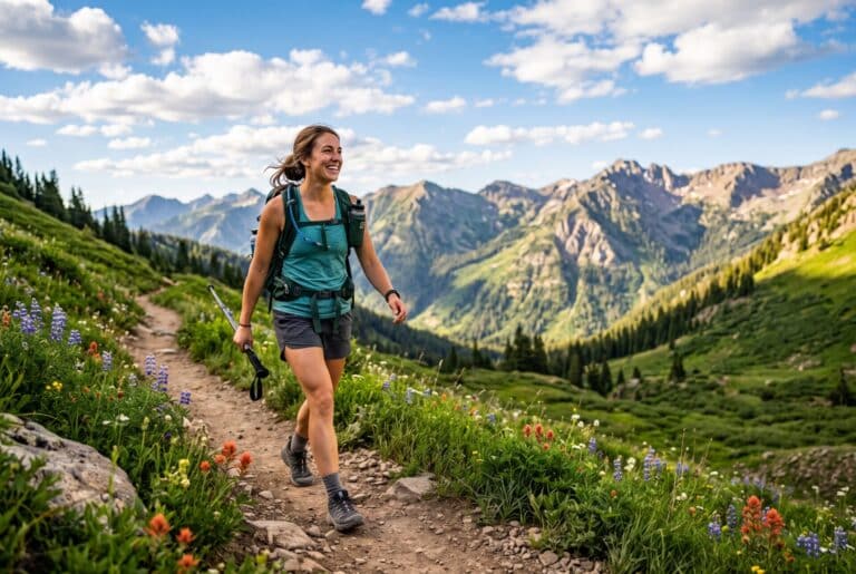 Beyond GLP-1s Colorado Hiking Scene | Clinical Nutrition Center Person hiking on a Colorado mountain trail in summer sunshine