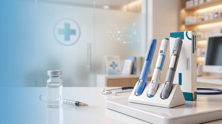 Dental clinic counter with four dental pens on a stand, plus a syringe and vial in the foreground; blurred medical symbols on a glass wall in the background