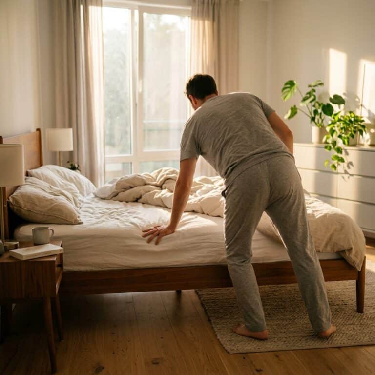 Man in gray loungewear bending over the bed, smoothing the sheets in a sunlit bedroom with plants on a dresser.