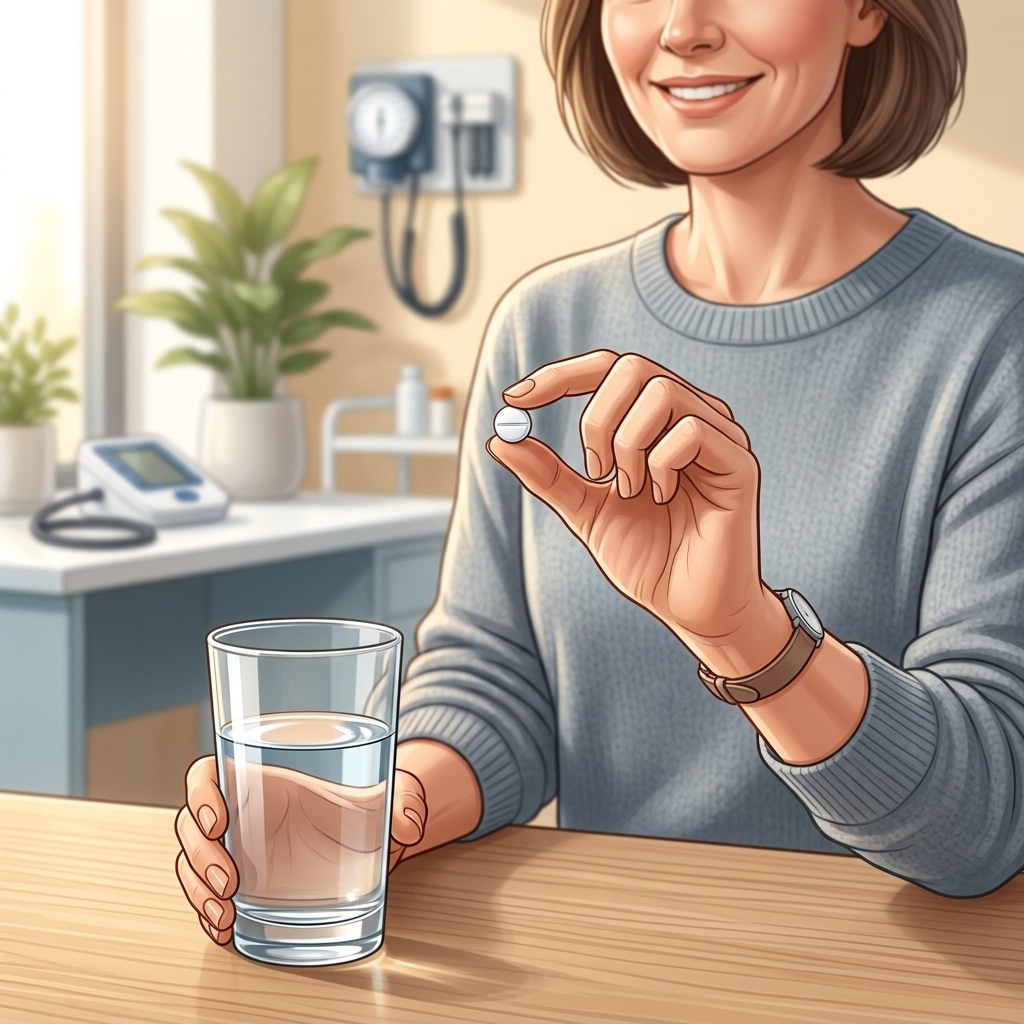 image | Clinical Nutrition Center Woman at a clinic/table taking a small pill with water in a glass nearby, medical setting in background