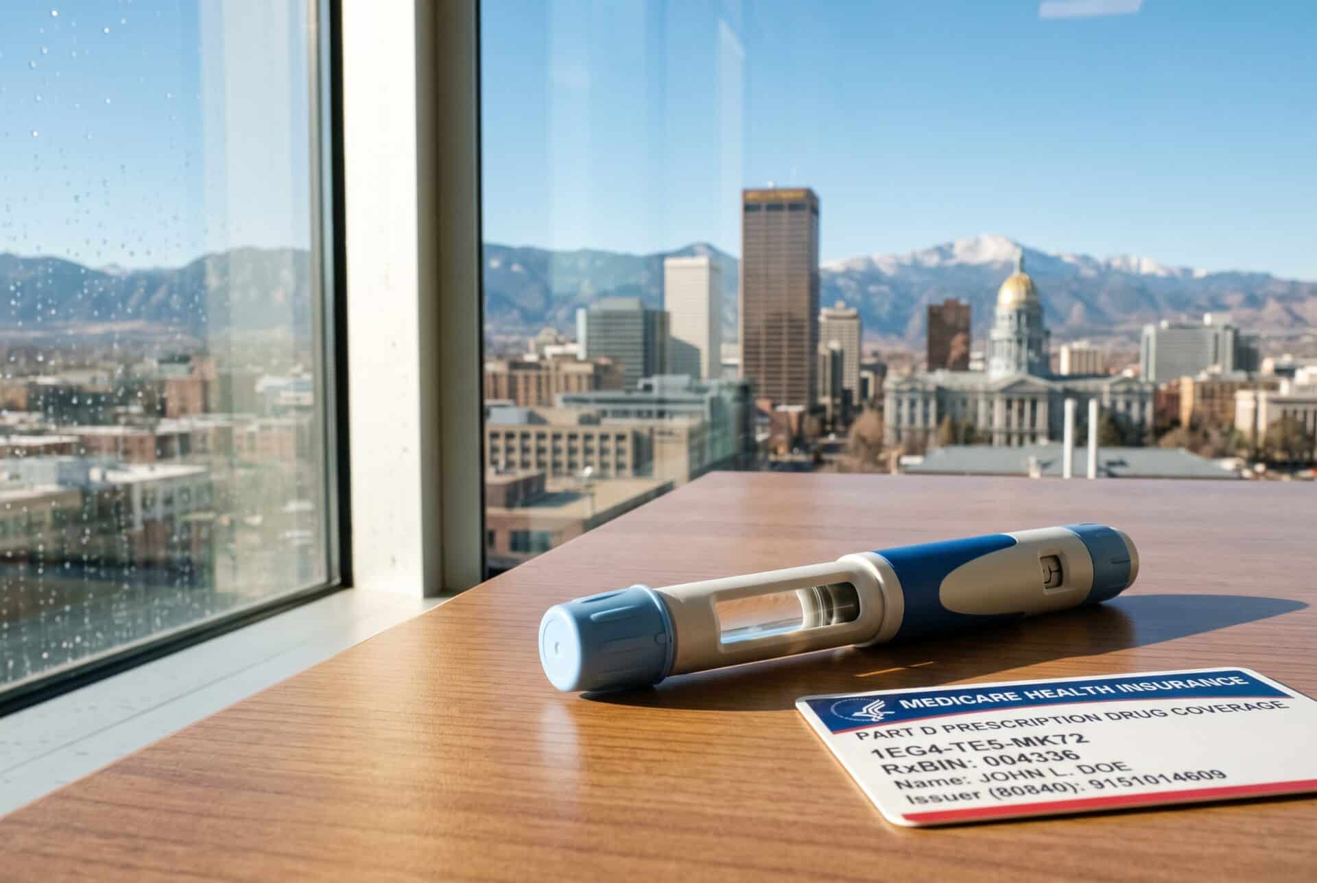 medicare-glp1-bridge-colorado | Clinical Nutrition Center A Medicare Part D insurance card resting beside a GLP-1 weight-loss medication pen, with Denver city skyline visible through a window in the background