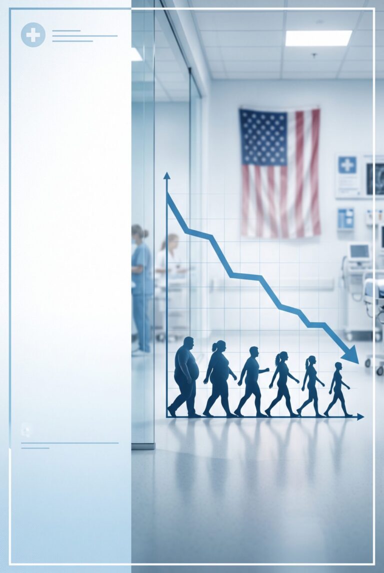 Hospital corridor with an American flag on the wall; a blue downward-trending line graph overlays the scene, with silhouettes of people walking, conveying a declining trend or aging/population decrease.