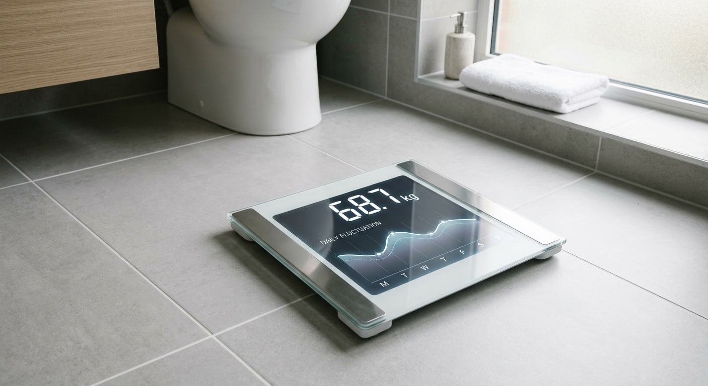 Daily weight fluctuation article featured image | Clinical Nutrition Center Digital bathroom scale showing daily weight fluctuation graph over a week — Clinical Nutrition Center