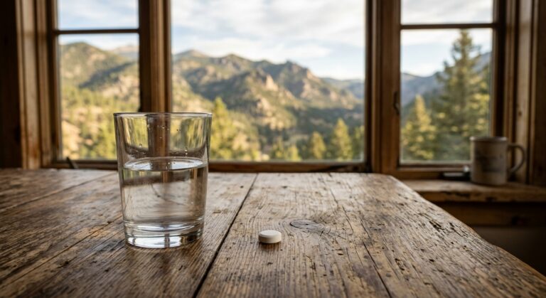 aleniglipron-oral-glp1-colorado | Clinical Nutrition Center Glass of water on a weathered wooden table with a small white tablet nearby, mountains visible through a window in the background