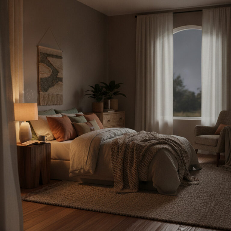 bedroom-moonlight-gemini-1 | Clinical Nutrition Center Cozy bedroom scene with a bed, plush pillows, and a chunky knit throw, plus a nightstand lamp and potted plants on a dresser.