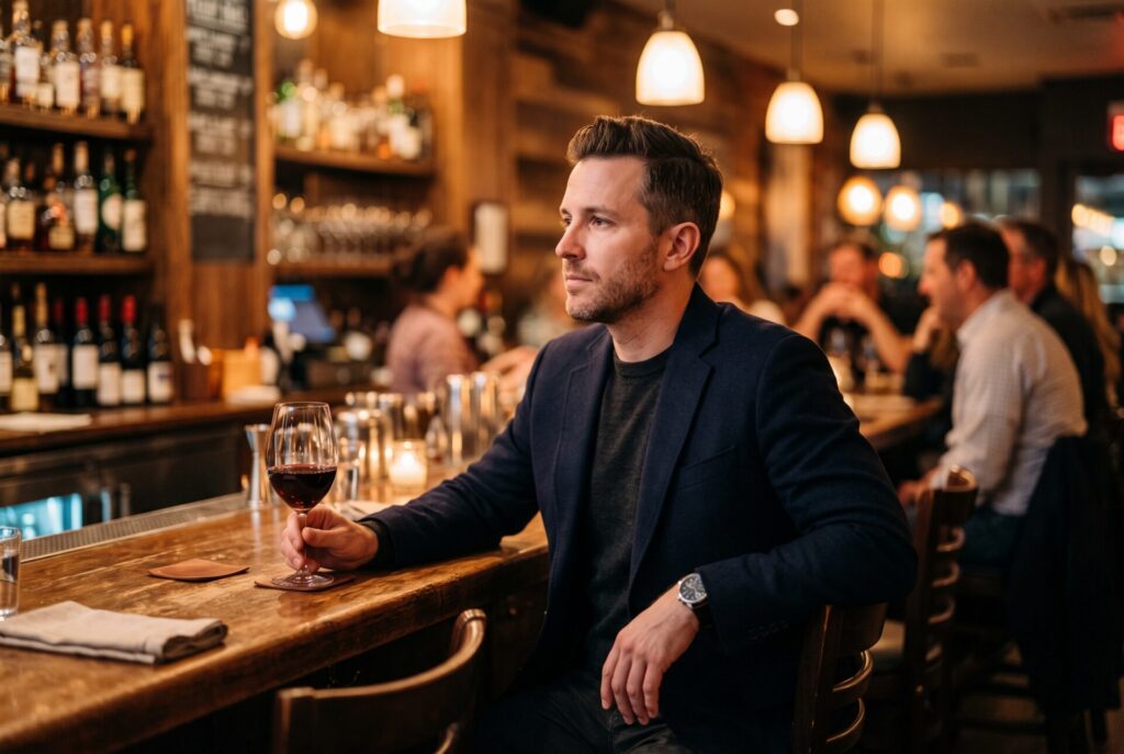 glp1-alcohol-study---a23076ad-e938-4c12-9d8a-eb6b80ac5489 | Clinical Nutrition Center Man seated at a wooden bar, holding a glass of red wine, with warm hanging lights and a busy bar scene in the background.