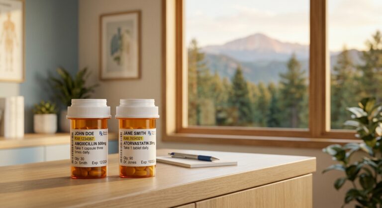 image-19 | Clinical Nutrition Center Two prescription pill bottles for oral GLP-1 weight loss medication sitting on a pharmacy counter with Colorado mountain scenery through the window