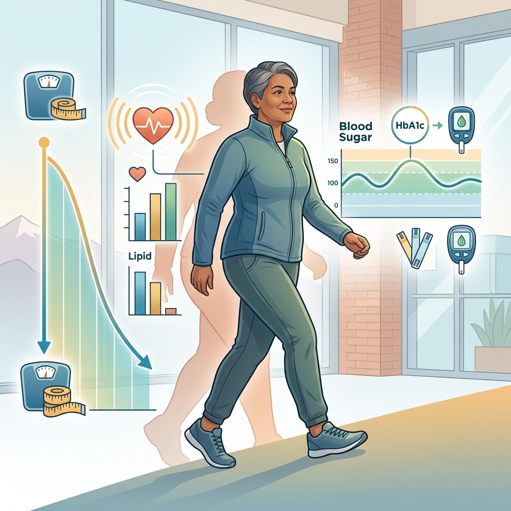 image | Clinical Nutrition Center Illustration of a person with obesity and type 2 diabetes or cardiovascular disease achieving significant weight loss through retatrutide triple agonist treatment, with data visualization showing 20-23% weight reduction and improved cardiometabolic markers including reduced triglycerides, cholesterol, blood pressure, and inflammation.