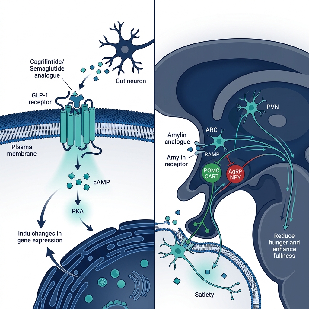 image | Clinical Nutrition Center Illustration of GLP-1 and amylin dual mechanism for weight loss