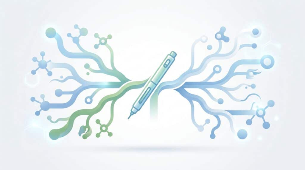image | Clinical Nutrition Center Syringe injecting through skin with two hormonal pathways illustrated (GLP-1 and amylin), representing CagriSema's combination weight-loss therapy mechanism