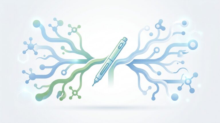 Syringe injecting through skin with two hormonal pathways illustrated (GLP-1 and amylin), representing CagriSema's combination weight-loss therapy mechanism