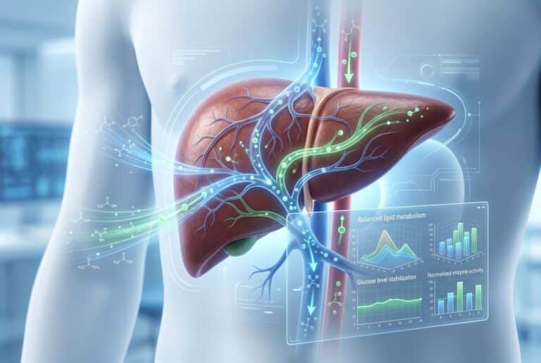 keto-study | Clinical Nutrition Center Futuristic medical illustration of a liver with highlighted vessels and holographic data overlays.