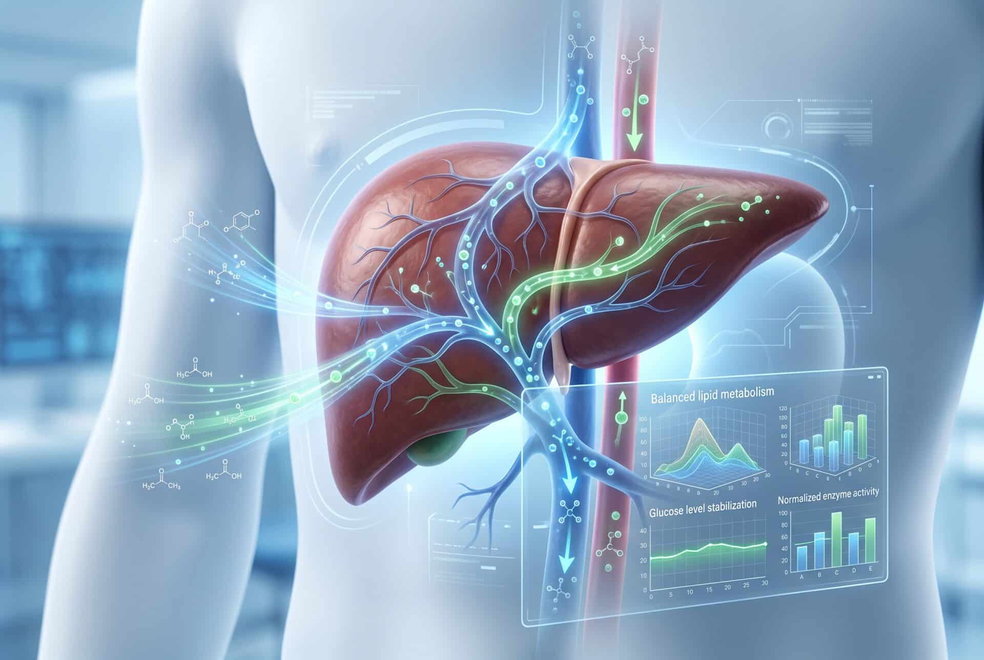 keto-study | Clinical Nutrition Center Futuristic medical illustration of a liver with highlighted vessels and holographic data overlays.