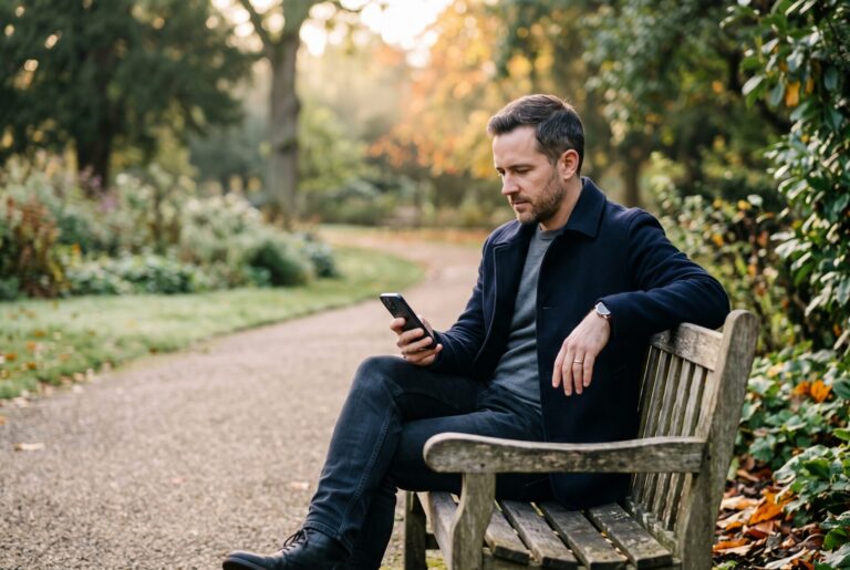 stopping-glp1-featured | Clinical Nutrition Center Man sitting on a wooden park bench, looking at and using a smartphone.