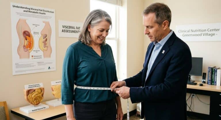 93defec8-9bdb-4485-a205-638871d4db74 | Clinical Nutrition Center Man in a suit measures a woman's waist with a tape measure in a clinic, fat-distribution posters on the wall behind them.