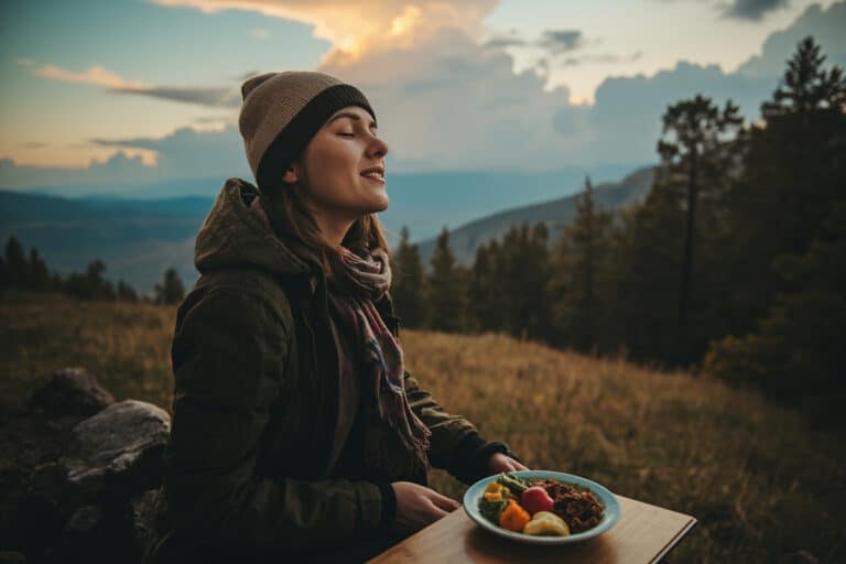 featured_image_2026_09_14 | Clinical Nutrition Center Woman in a beanie and scarf sits at a wooden table outdoors, eyes closed, enjoying a peaceful moment with a bowl of colorful food in front of her.
