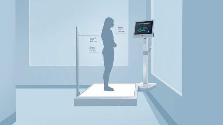 Silhouette of a person standing on a medical weighing scale with a nearby digital display in a clinical room.