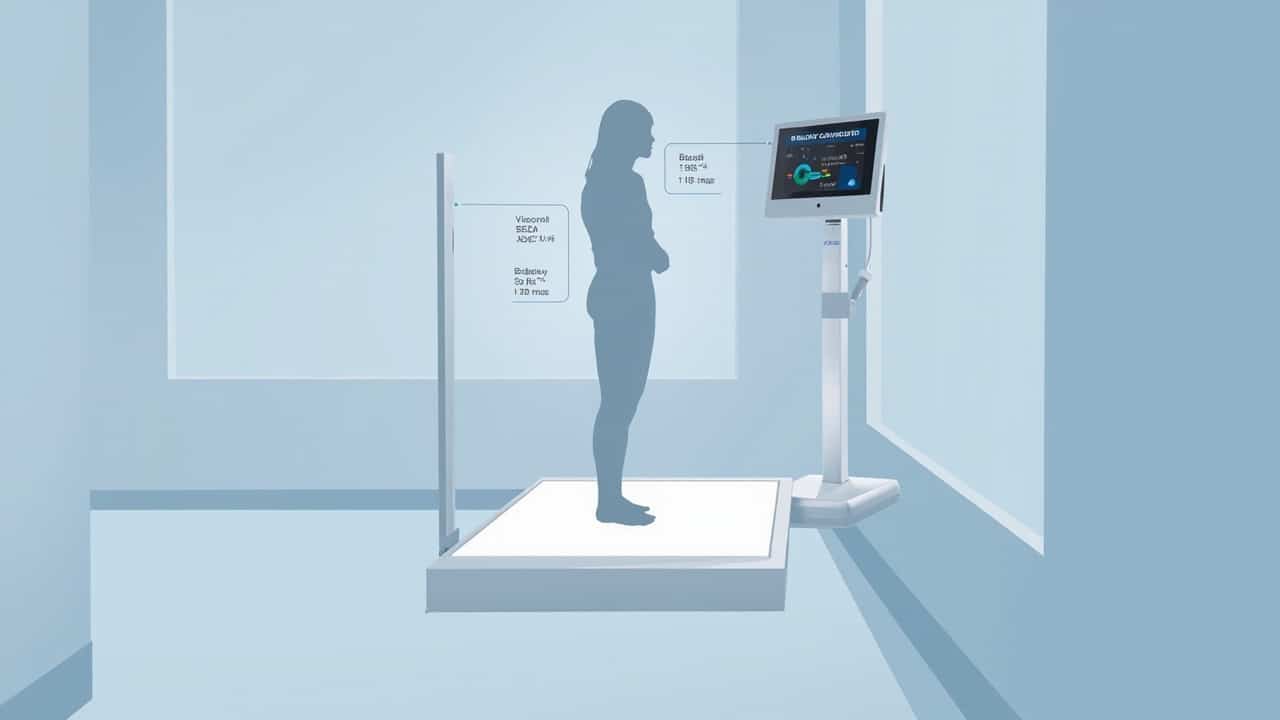 image-1-13dc29e2-f809-435f-9287-02d44f877732 | Clinical Nutrition Center Silhouette of a person standing on a medical weighing scale with a nearby digital display in a clinical room.