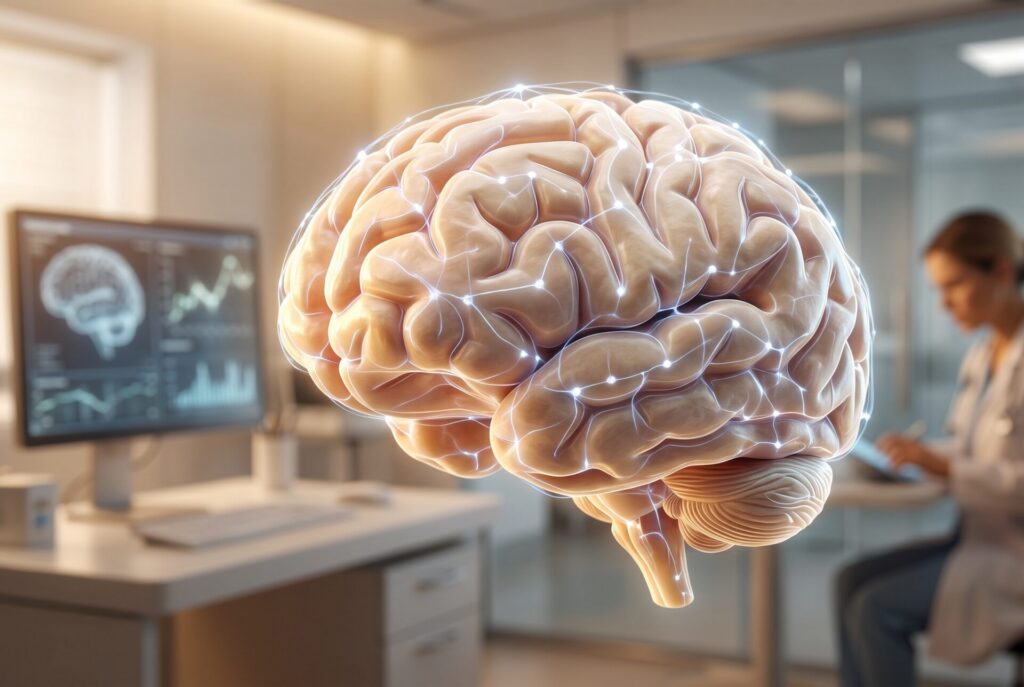 statins-dementia-1 | Clinical Nutrition Center 3D brain model with glowing neural connections in a medical research lab setting