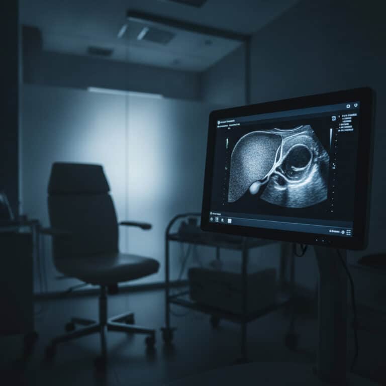blog-featured-image-1 | Clinical Nutrition Center Medical ultrasound room with a monitor displaying a grayscale ultrasound image of an internal organ in a dimly lit setting.