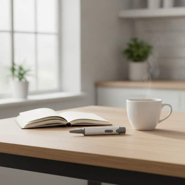 CagriSema weight loss in women across menopause stages | Clinical Nutrition Center A weekly injection pen resting beside an open notebook and a cup of tea on a light kitchen table in morning light