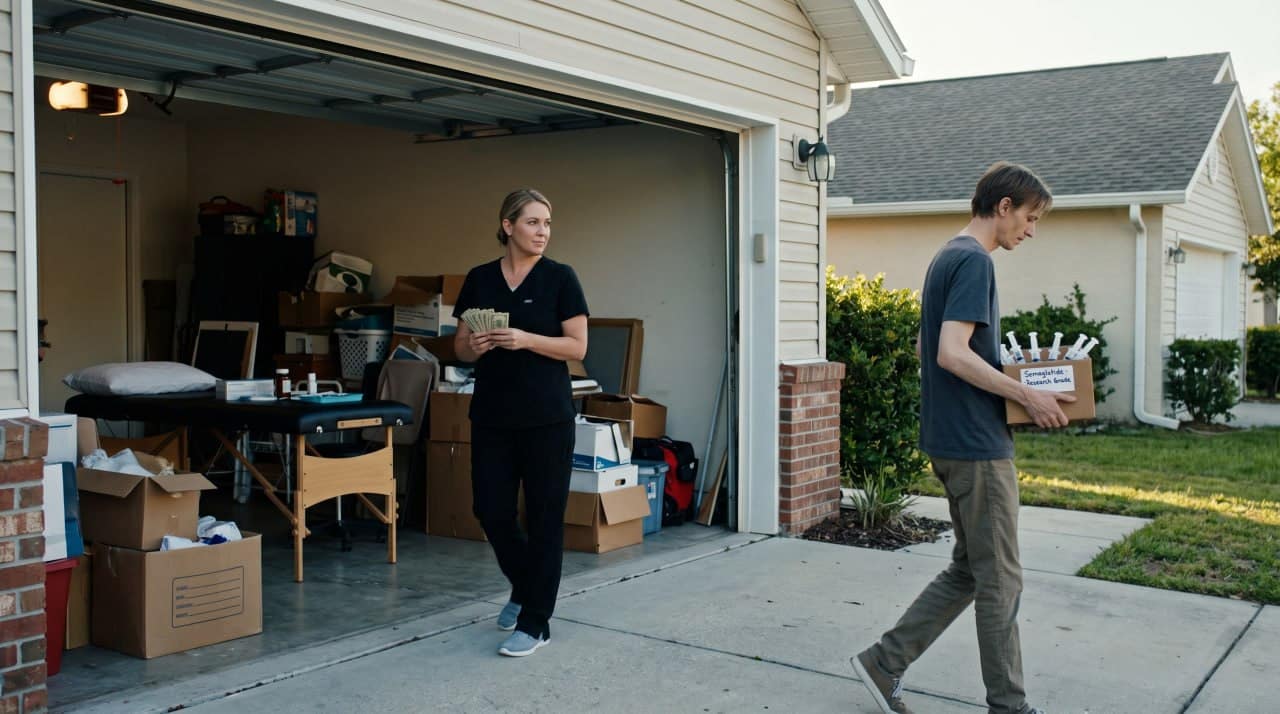 compounded-weight-loss-boom-featured | Clinical Nutrition Center Woman in black scrubs counts cash in a cluttered garage while a man walks away with a box toward the driveway.