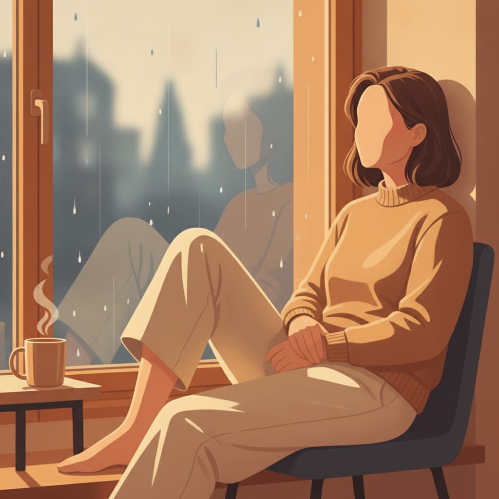 fatigue-weight-loss | Clinical Nutrition Center Person sits in a chair by a large window, rain outside, a steaming mug on a small table nearby.