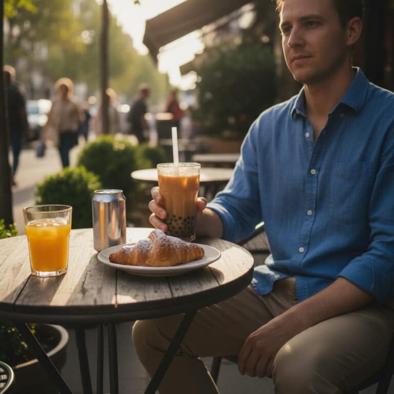How much sugar are you eating | Clinical Nutrition Center Man in a blue shirt seated at an outdoor cafe table with a croissant on a plate and drinks (orange juice and bubble tea) in front of him.