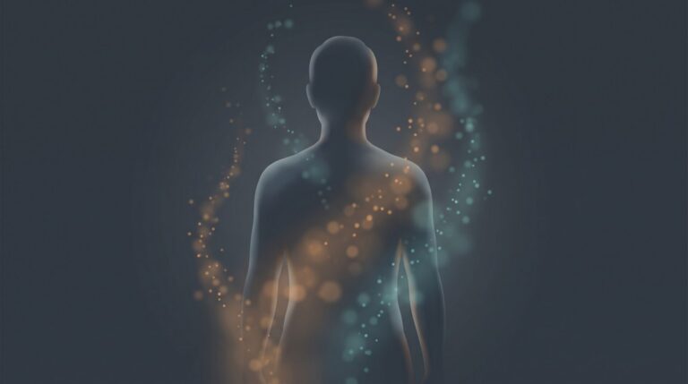 its-chemistry-not-character | Clinical Nutrition Center Abstract illustration of a persons silhouette surrounded by drifting amber and teal light trails representing hunger and fullness hormone signals