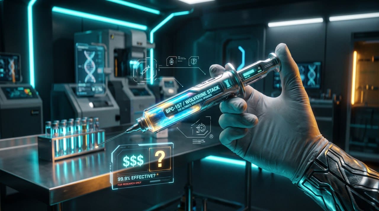 peptides-research-grade-featured | Clinical Nutrition Center Gloved hand holds a futuristic syringe labeled 'BPC-157 / Wolverine Stack' in a high-tech lab